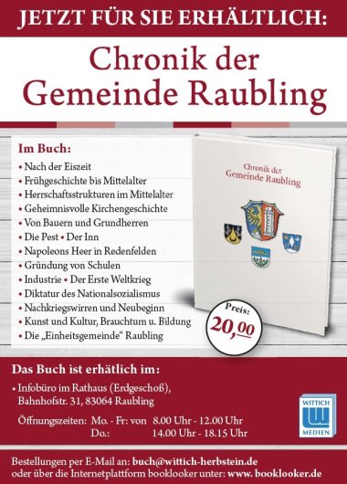 Plakat zur „Chronik der Gemeinde Raubling“ mit Buchabbildung, Themenübersicht, Preisangabe 20,00 € und Verkaufsinformationen zum Infobüro im Rathaus.
