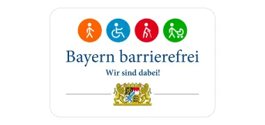 Signet „Bayern barrierefrei – Wir sind dabei!“: Bildzeichen und Wortmarke für das Programm „Bayern barrierefrei“ mit großem bayerischen Staatswappen.