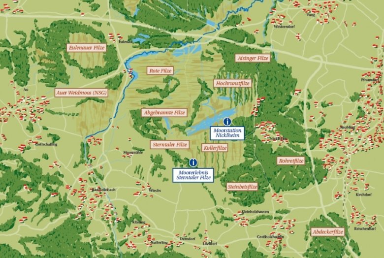 Übersichtskarte der Raublinger Moorgebiete mit markierten Filzen und Standorten wie Moorstation Nicklheim und Moorerlebnis Sterntaler Filze.